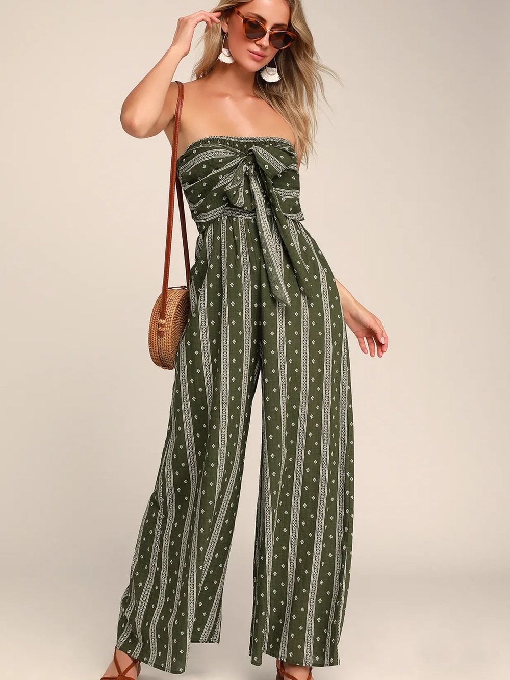 Lulus NWT Raine Olive Green Print Strapless Jumpsuit Size Small